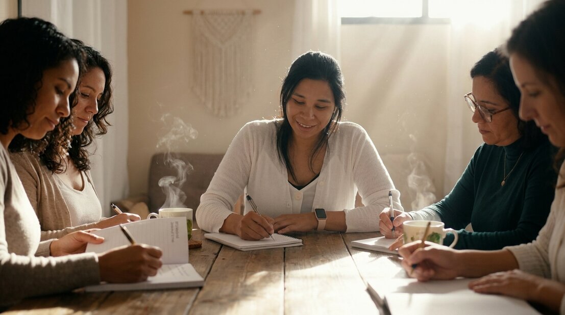 Mujer guiando a otra mientras revisan apuntes y cuadernos